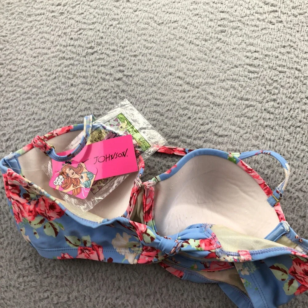 Betsey Johnson Bikini Top Womens Medium Blue Floral Halter Bandeau Swimwear